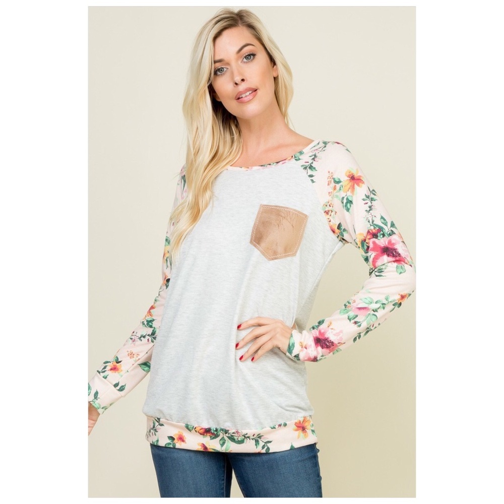 Plus French Terry Floral Print Suede Pocket Top! - Picture 8 of 15